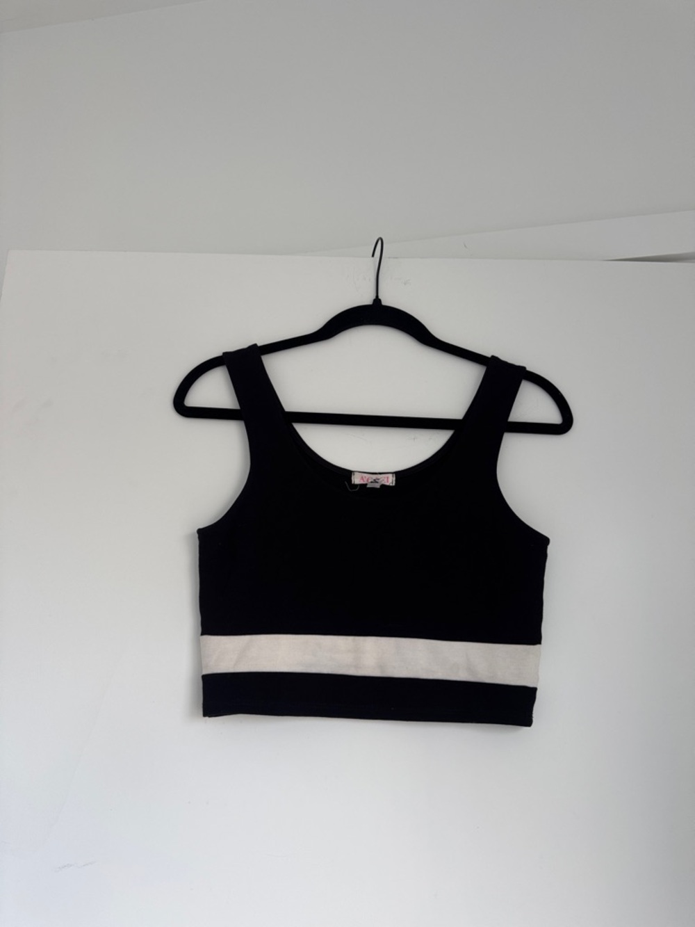 Black Cropped Tank Top with Cream Stripe